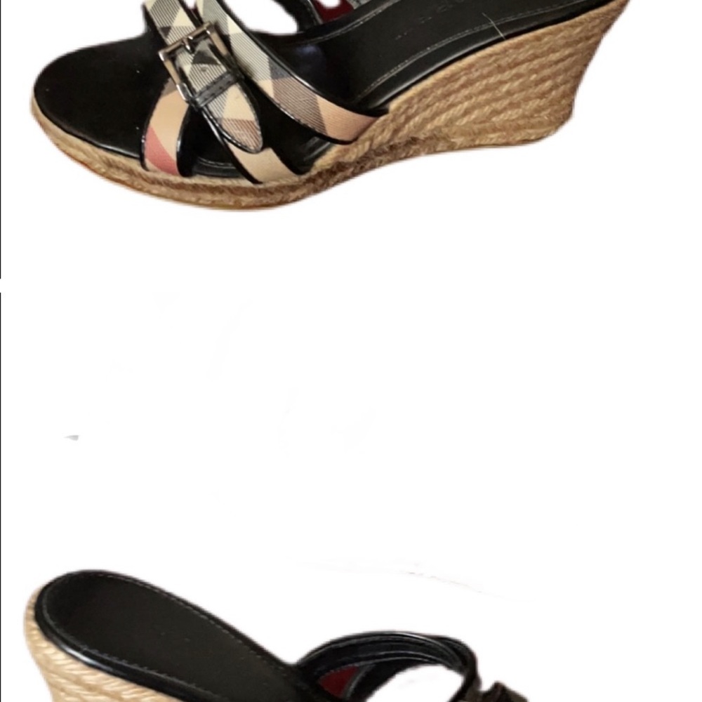 Burberry Black Patent Leather Nova Check Canvas Espadrille Wedge Sandal Size 36 - Picture 2 of 6
